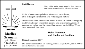 Traueranzeige von Marlies Gramann von Tageszeitung