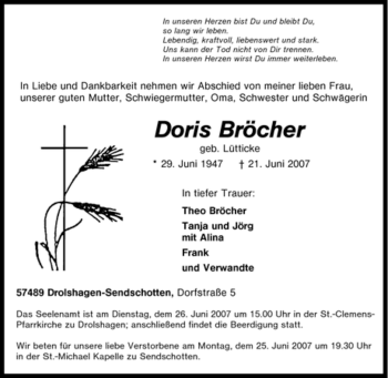 Traueranzeige von Doris Bröcher von Tageszeitung