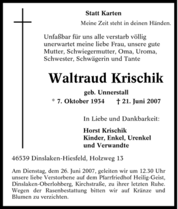 Traueranzeige von Waltraud Krischik von Tageszeitung