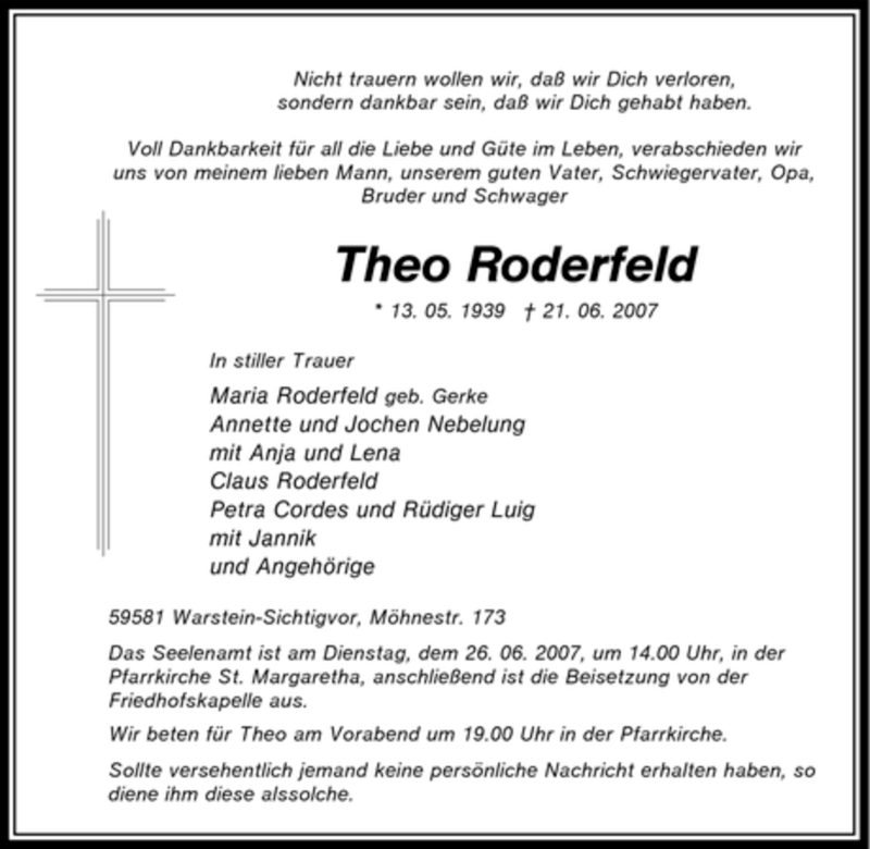  Traueranzeige für Theo Roderfeld vom 23.06.2007 aus Tageszeitung