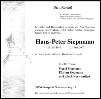 Traueranzeige von Hans-Peter Siepmann von Tageszeitung