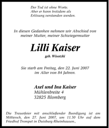 Traueranzeige von Lilli Kaiser von Tageszeitung