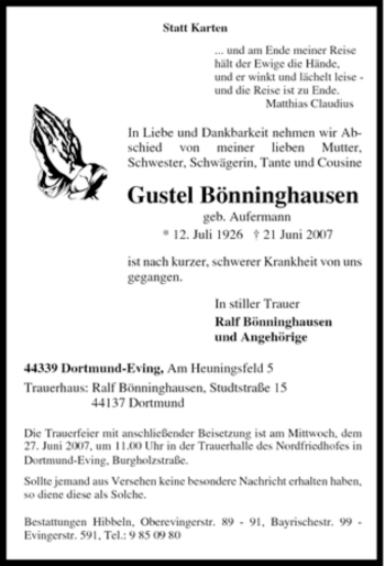 Traueranzeige von Gustel Bönninghausen von Tageszeitung