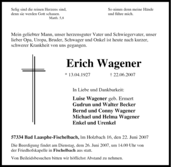Traueranzeige von Erich Wagener von Tageszeitung