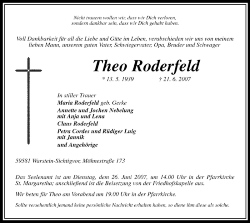  Traueranzeige für Theo Roderfeld vom 23.06.2007 aus Tageszeitung