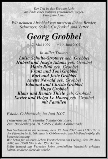 Traueranzeige von Georg Grobbel von Tageszeitung