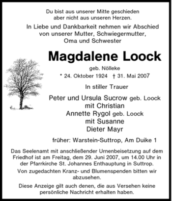 Traueranzeige von Magdalene Loock von Tageszeitung