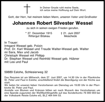 Traueranzeige von Johannes Robert Silvester Wessel von Tageszeitung