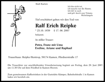 Traueranzeige von Ralf Erich Reipke von Tageszeitung