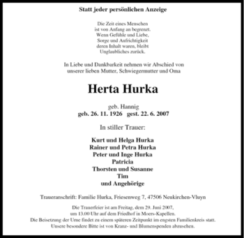 Traueranzeige von Herta Hurka von Tageszeitung