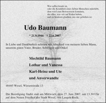 Traueranzeige von Udo Baumann von Tageszeitung