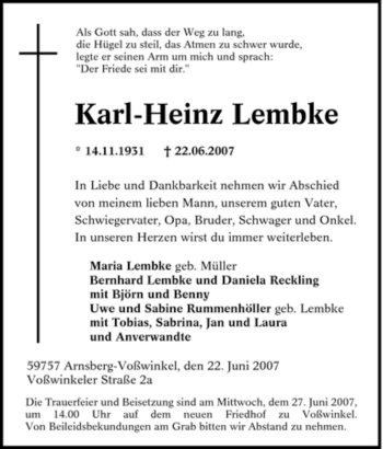 Traueranzeige von Karl-Heinz Lembke von Tageszeitung