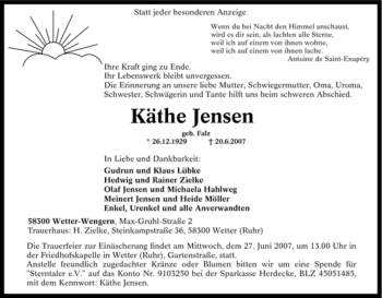 Traueranzeige von Käthe Jensen von Tageszeitung
