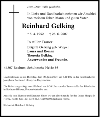 Traueranzeige von Reinhard Gelking von Tageszeitung