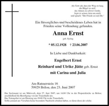 Traueranzeige von Anna Ernst von Tageszeitung