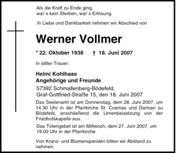 Traueranzeige von Werner Vollmer von Tageszeitung