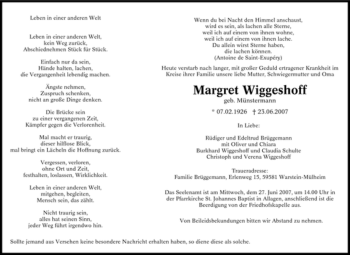 Traueranzeige von Margret Wiggeshoff von Tageszeitung