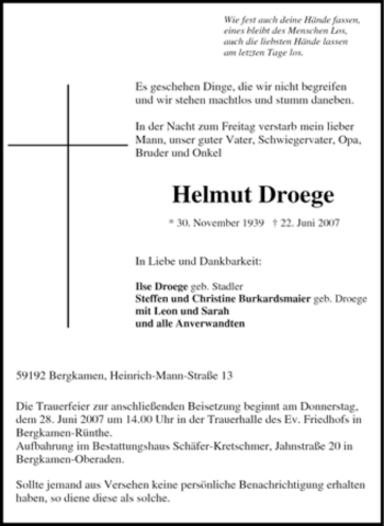Traueranzeige von Helmut Droege von Tageszeitung