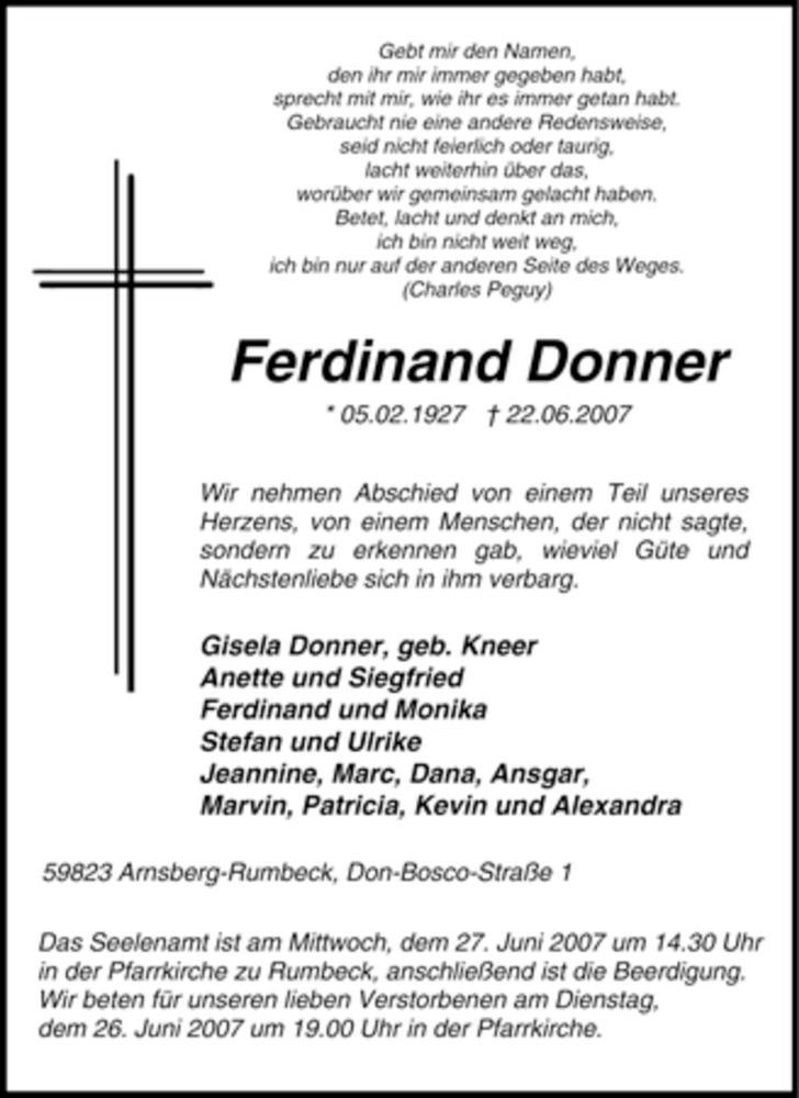  Traueranzeige für Ferdinand Donner vom 25.06.2007 aus Tageszeitung