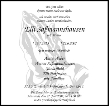 Traueranzeige von Elli Saßmannshausen von Tageszeitung