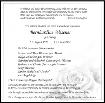 Traueranzeige von Bernhardine Wesener von Tageszeitung