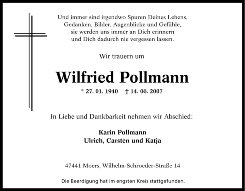  Traueranzeige für Wilfried Pollmann vom 26.06.2007 aus Tageszeitung
