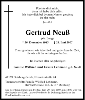 Traueranzeige von Gertrud Neuß von Tageszeitung