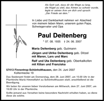 Traueranzeige von Paul Deitenberg von Tageszeitung