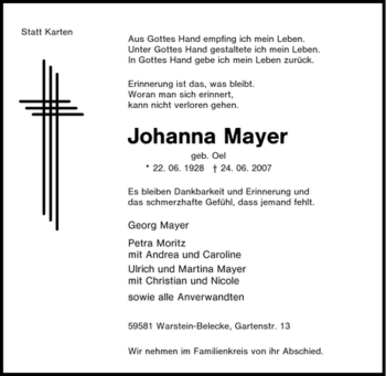 Traueranzeige von Johanna Mayer von Tageszeitung
