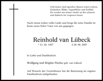 Traueranzeige von Reinhold van Lübeck von Tageszeitung