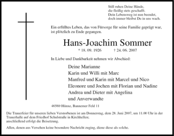 Traueranzeige von Hans-Joachim Sommer von Tageszeitung