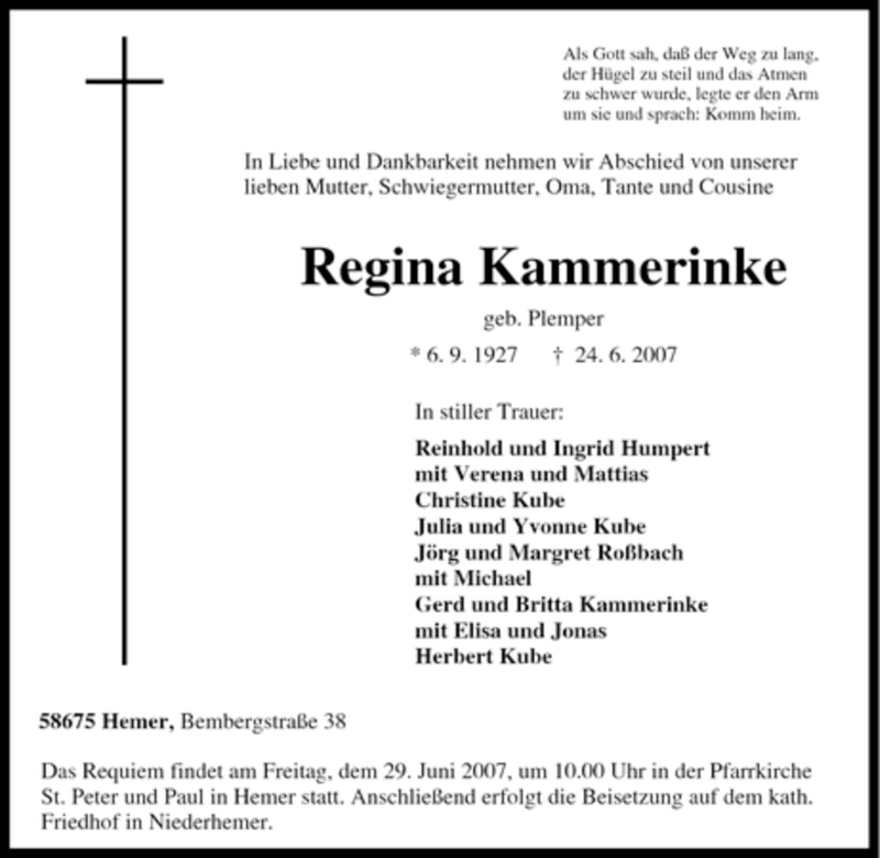  Traueranzeige für Regina Kammerinke vom 26.06.2007 aus Tageszeitung