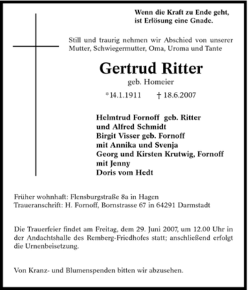 Traueranzeige von Gertrud Ritter von Tageszeitung