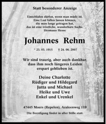 Traueranzeige von Johannes Rehm von Tageszeitung