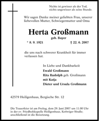 Traueranzeige von Herta Großmann von Tageszeitung