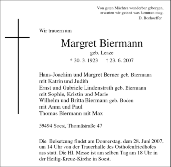Traueranzeige von Margret Biermann von Tageszeitung