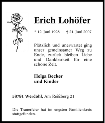 Traueranzeige von Erich Lohöfer von Tageszeitung