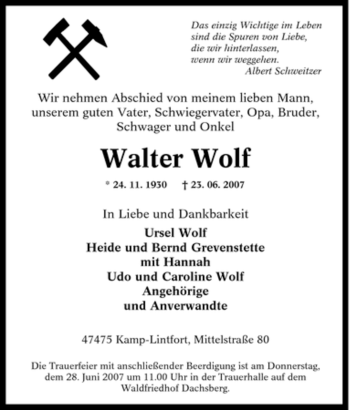 Traueranzeige von Walter Wolf von Tageszeitung