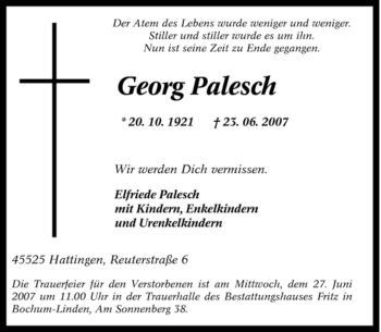 Traueranzeige von Georg Palesch von Tageszeitung