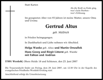 Traueranzeige von Gertrud Altus von Tageszeitung