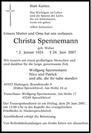 Traueranzeige von Christa Spennemann von Tageszeitung
