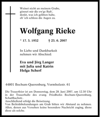 Traueranzeige von Wolfgang Rieke von Tageszeitung
