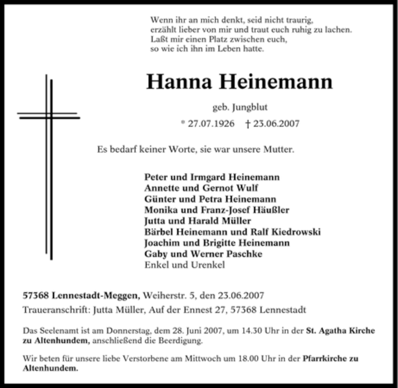  Traueranzeige für Hanna Heinemann vom 26.06.2007 aus Tageszeitung