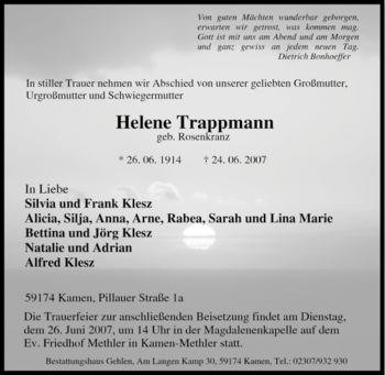 Traueranzeige von Helene Trappmann von Tageszeitung