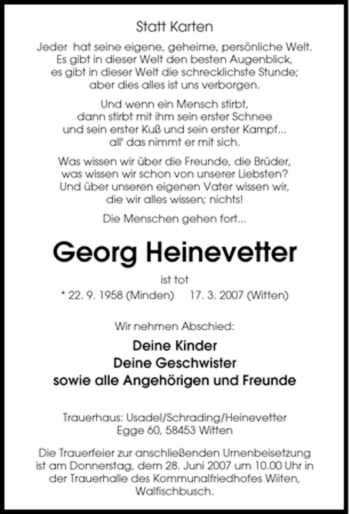 Traueranzeige von Georg Heinevetter von Tageszeitung