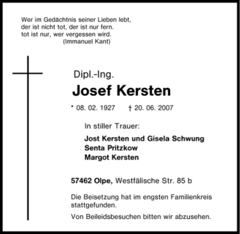 Traueranzeige von Josef Kersten von Tageszeitung
