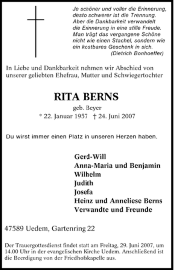 Traueranzeige von Rita Berns von Tageszeitung