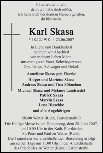 Traueranzeige von Karl Skasa von Tageszeitung