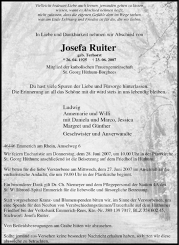 Traueranzeige von Josefa Ruiter von Tageszeitung