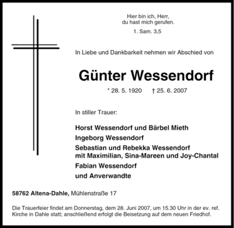  Traueranzeige für Günter Wessendorf vom 26.06.2007 aus Tageszeitung